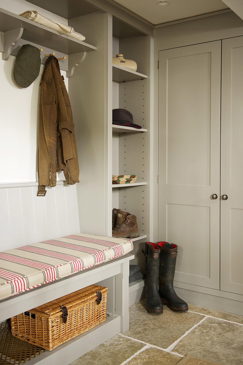 Greige custom mudroom cabinet bench built-in